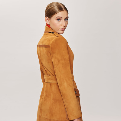 Kahve Diana Kadın Zincir Detaylı Uzun Süet Kaban