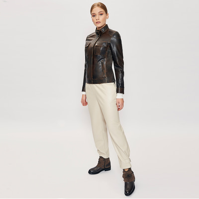 Kahve Ebony Kadın Vintage Deri Mont