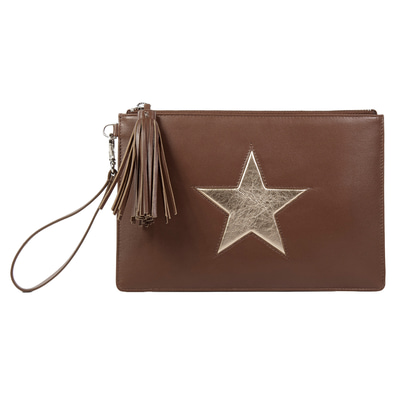 Kahve Yıldızlı Kadın Deri Clutch