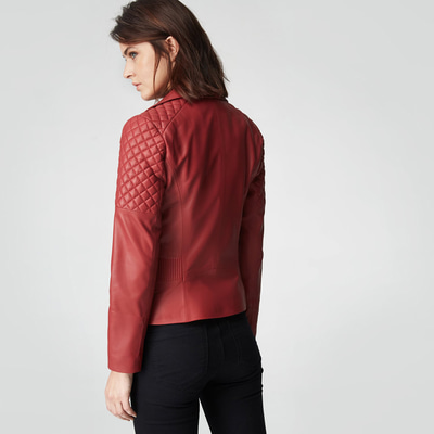 Kırmızı Delma Kadın Deri Biker Mont