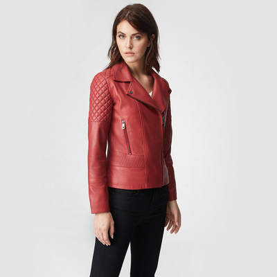 Kırmızı Delma Kadın Deri Biker Mont