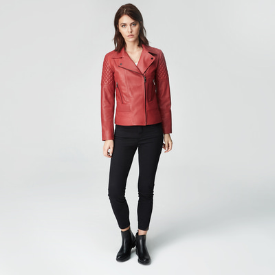 Kırmızı Delma Kadın Deri Biker Mont