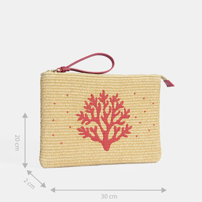 Kırmızı Mercan Nakışlı Hasır Clutch
