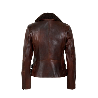 Klavine Kahve Kürk Yakalı Kadın Deri Ceket