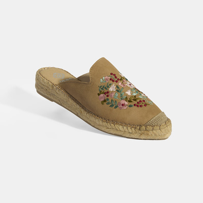 Limited Edition Bej Kadın Çiçek Nakışlı Süet Espadril Terlik