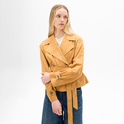 Limited Edition Kadın Turuncu Belden Bağlamalı Süet  Kısa Trençkot