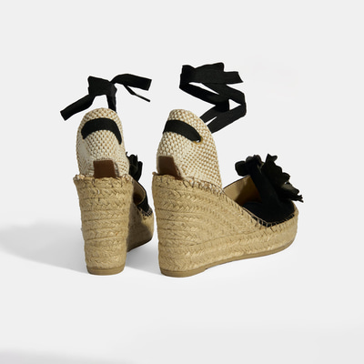 Limited Edition Siyah Kadın Çiçek Aksesuarlı Jüt Bağcıklı Dolgu Topuklu Süet Espadril