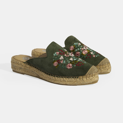 Limited Edition Yeşil Kadın Çiçek Nakışlı Süet Espadril Terlik