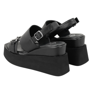 Linda Siyah Kadın Dolgu Tabanlı Deri Sandalet