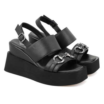 Linda Siyah Kadın Dolgu Tabanlı Deri Sandalet