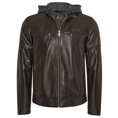 Luigi Kahve Erkek Deri Kapüşonlu Mont