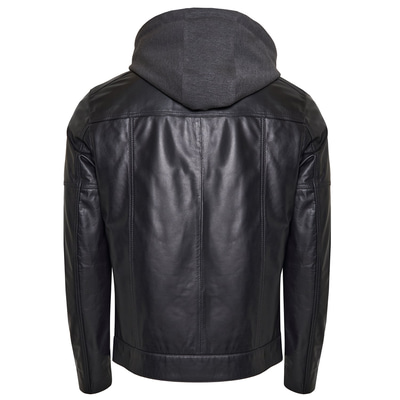 Luigi Siyah Erkek Deri Kapüşonlu Mont