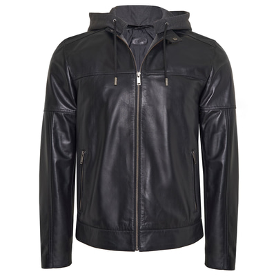 Luigi Siyah Erkek Deri Kapüşonlu Mont