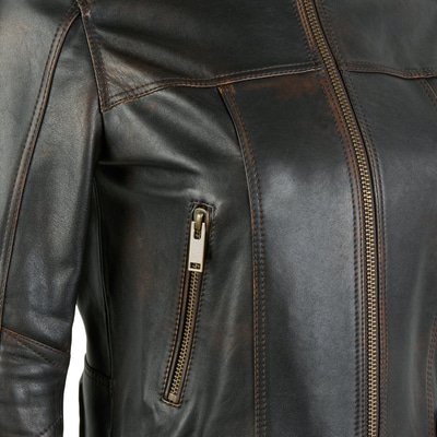 Meline Kahve Kadın Deri Biker Ceket