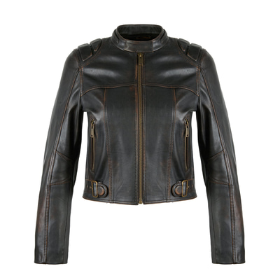 Meline Kahve Kadın Deri Biker Ceket