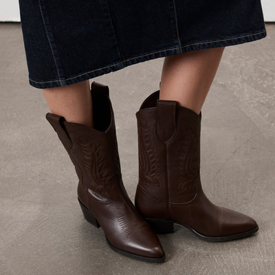 Noa Kahve Kadın Desenli Deri Kovboy Çizmesi