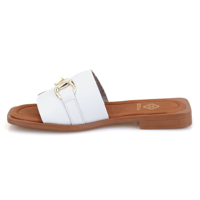 Riana Beyaz Kadın Toka Aksesuarlı Deri Terlik