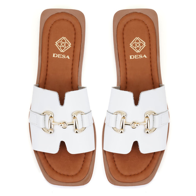 Riana Beyaz Kadın Toka Aksesuarlı Deri Terlik
