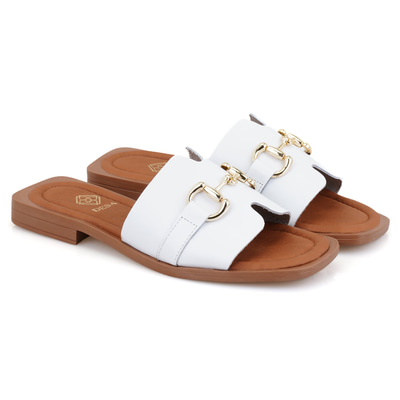 Riana Beyaz Kadın Toka Aksesuarlı Deri Terlik