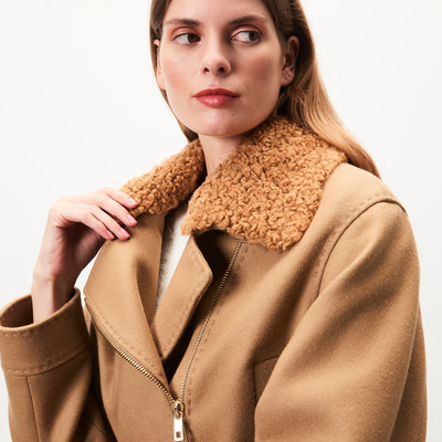 Rigella Kahve Yakası Kürklü Kadın Biker Ceket