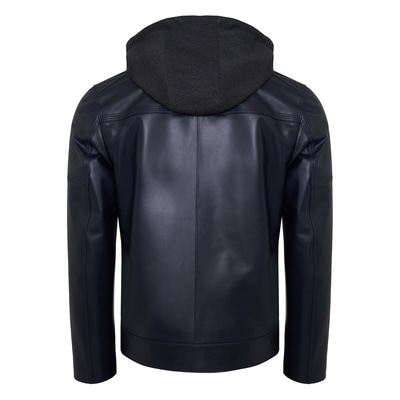 Selino Lacivert Erkek Kapüşonlü Deri Mont