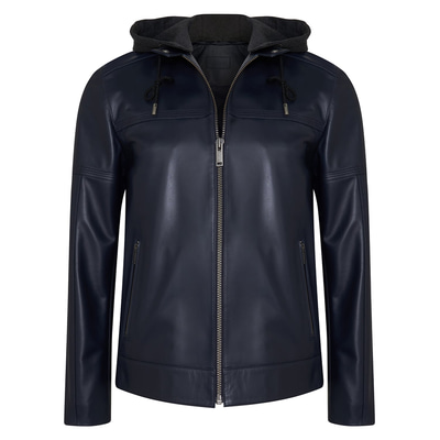 Selino Lacivert Erkek Kapüşonlü Deri Mont