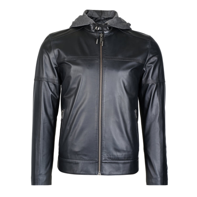 Selino Siyah Erkek Kapüşonlü Deri Mont