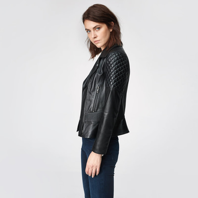 Siyah Delma Kadın Deri Biker Mont