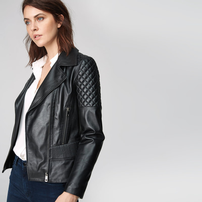 Siyah Delma Kadın Deri Biker Mont