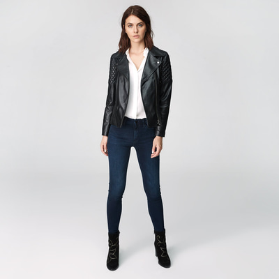Siyah Delma Kadın Deri Biker Mont
