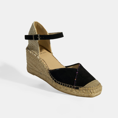 Siyah Kadın Toka Aksesuarlı Taş Detaylı Dolgu Topuklu Süet Espadril