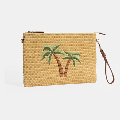Taba Palmiye Nakışlı Hasır Clutch