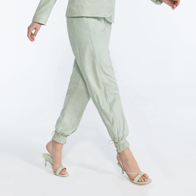 Tekla Yeşil Kadın Yüksek Bel Süet Jogging Deri Pantolon