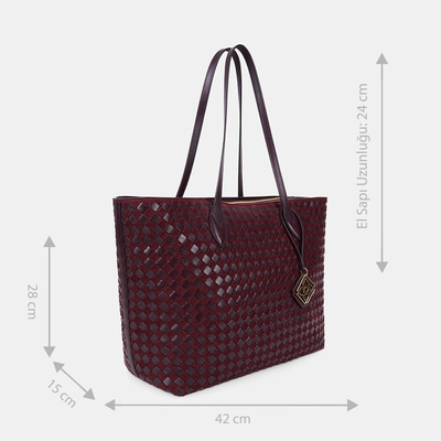 Unisex Bordo El Örgüsü Süet Deri Shopper Çanta