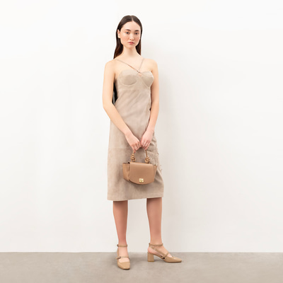 Verona Bej Kadın Nakışlı Süet Deri Elbise