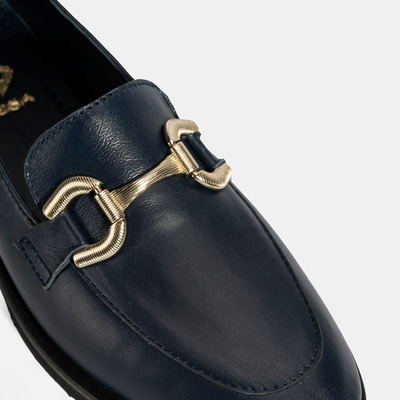 XXX Kadın Lacivert Metal Toka Aksesuarlı Deri Loafer