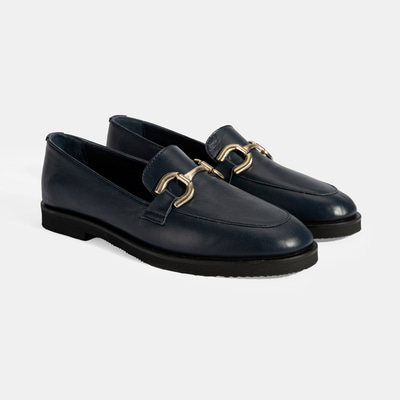 XXX Kadın Lacivert Metal Toka Aksesuarlı Deri Loafer