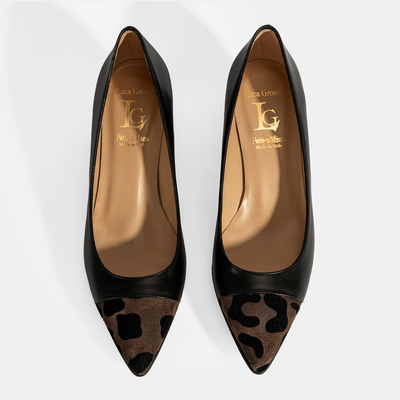 XXX Luca Grossi Kadın Siyah Leopar Detaylı Topuklu Deri Ayakkabı