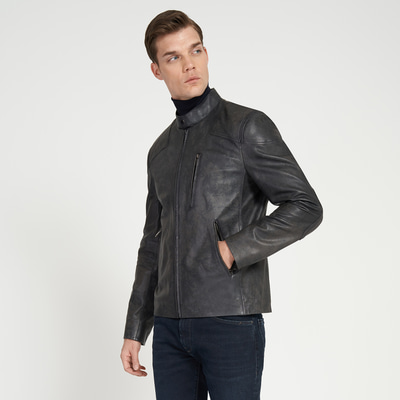 Zenon Lacivert Erkek Vintage Deri Ceket