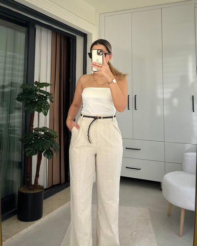 KREM KEMERLİ KETEN PANTOLON