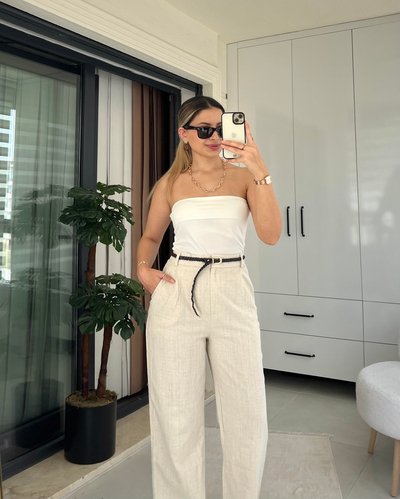 KREM KEMERLİ KETEN PANTOLON