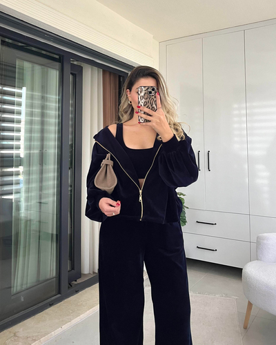 LACİVERT KADİFE PREMİUM 3LÜ TAKIM