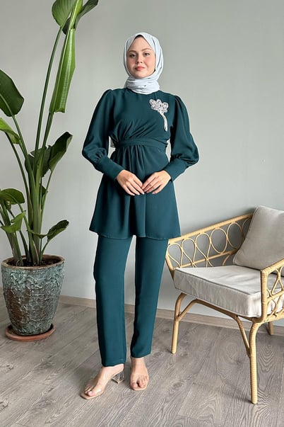 Half-Gathered Waist Petrol Green Two-Piece Set