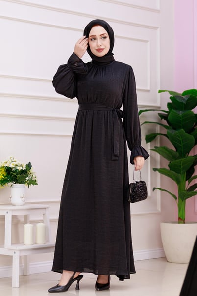 Shimmery dress with large sleeves - black color 