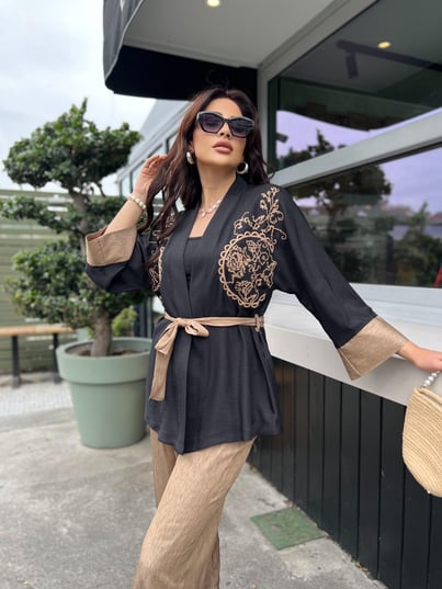 Kot Garnili Nakışlı İkili Kimono Takım Siyah-Vizon