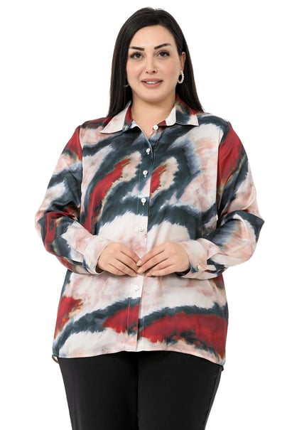Büyük Beden Batik Desenli Saten Bordo Gömlek