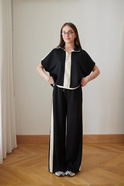 Siyah-Bej Yarım Fermuarlı Sweat Pantolon Takım
