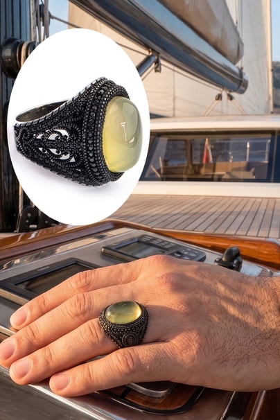 925 ayar Gümüş Oniks Taş Detaylı Limon Akik Taşlı erkek yüzük 
