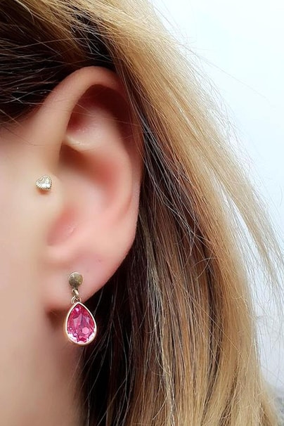 925ayar Gümüş Üzerine Altın Kaplama Pembe Swarovski taşlı Damla Küpe