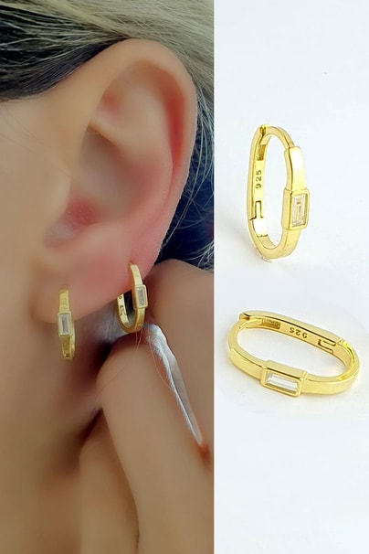 Baget Zirkon Taşlı 925ayar Gümüş Üzerine Altın Kaplama Luxury Tasarım Oval Halka Küpe 1.5cm 